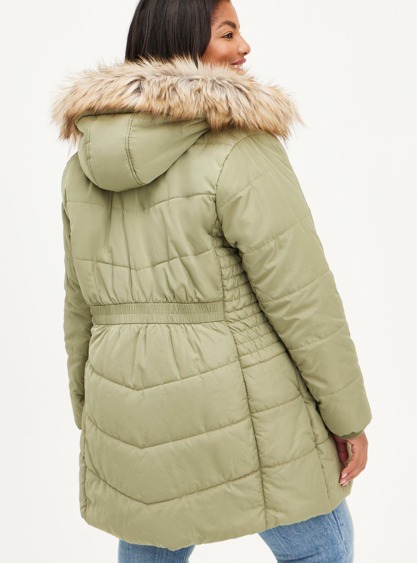 Nylon Fur Trim Fit And Flare Puffer, OLIVE, alternate