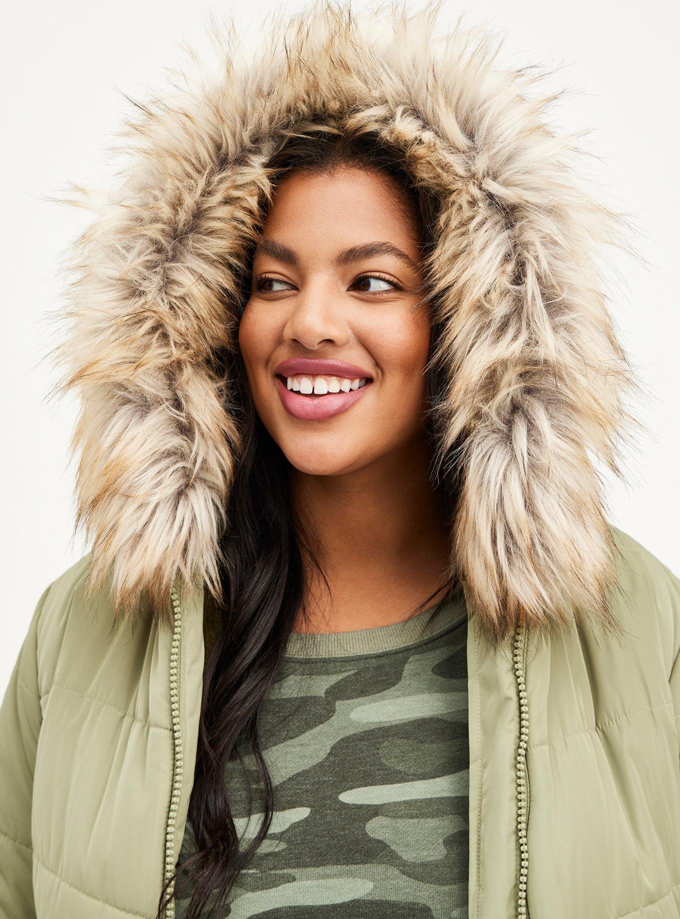 Nylon Fur Trim Fit And Flare Puffer, OLIVE, alternate