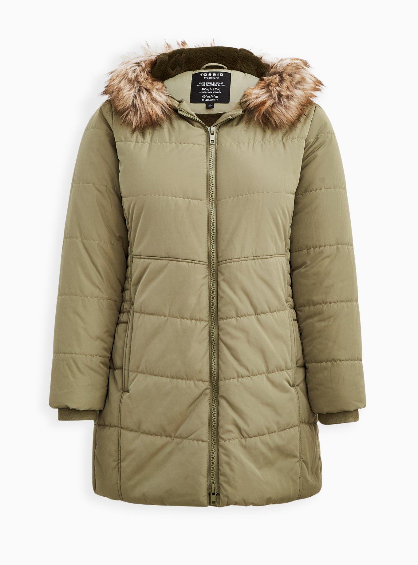 Nylon Fur Trim Fit And Flare Puffer, OLIVE, hi-res