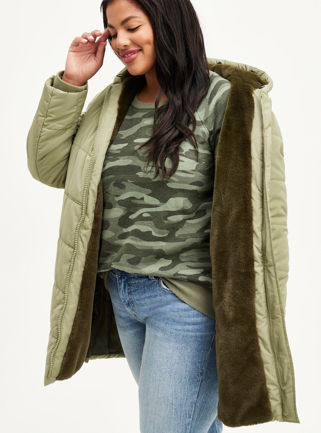 Nylon Fur Trim Fit And Flare Puffer, OLIVE, hi-res