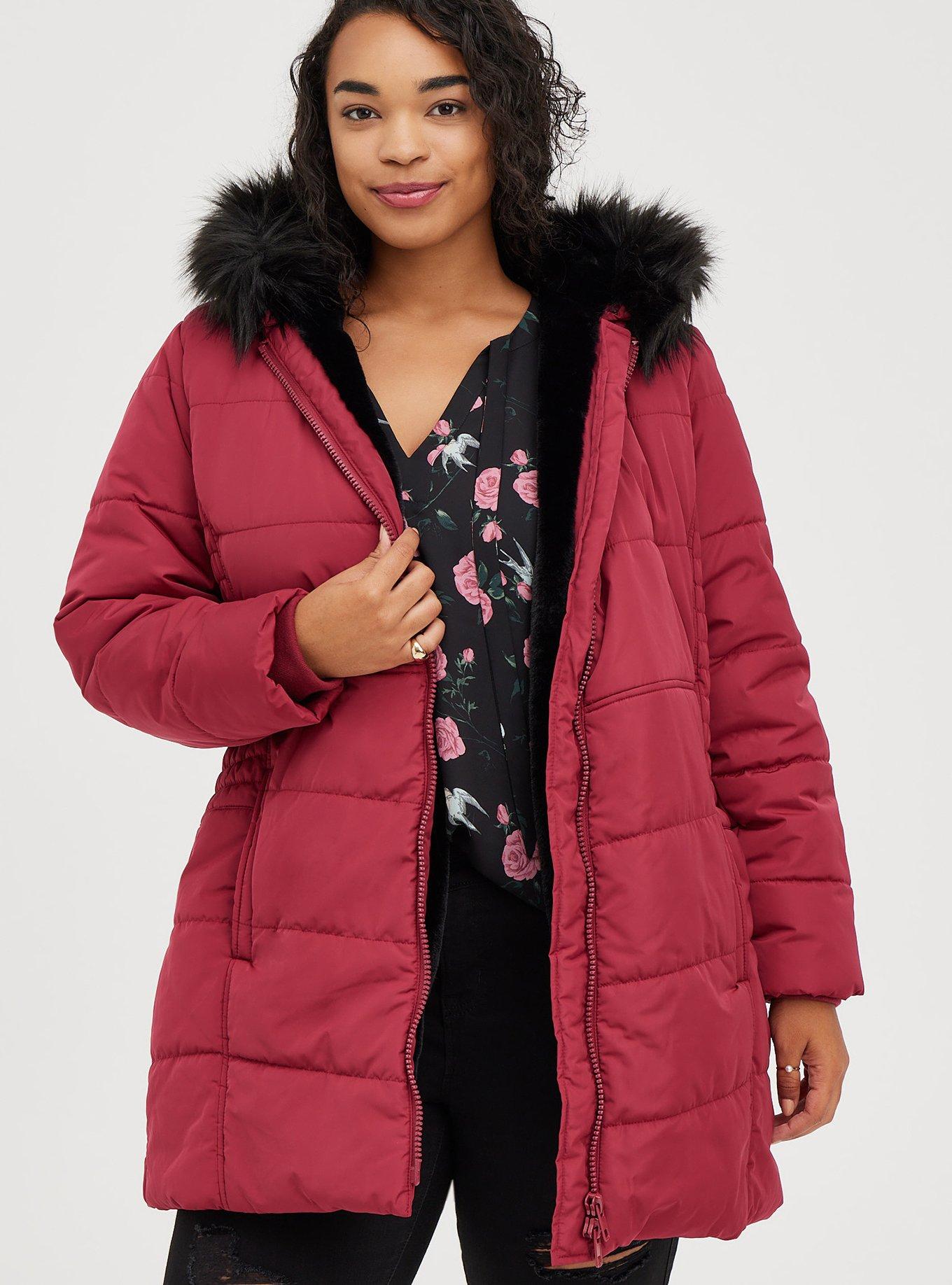 Plus Size - Nylon Fur Trim Fit And Flare Puffer - Torrid