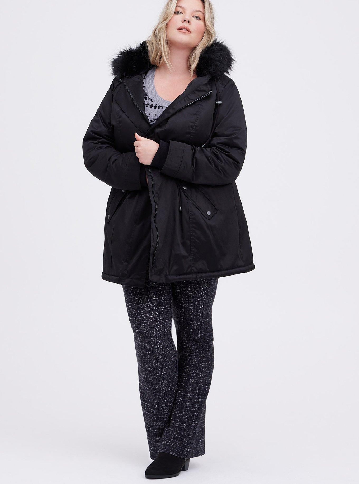 Plus Size Twill Fur Trim Parka, DEEP BLACK, alternate