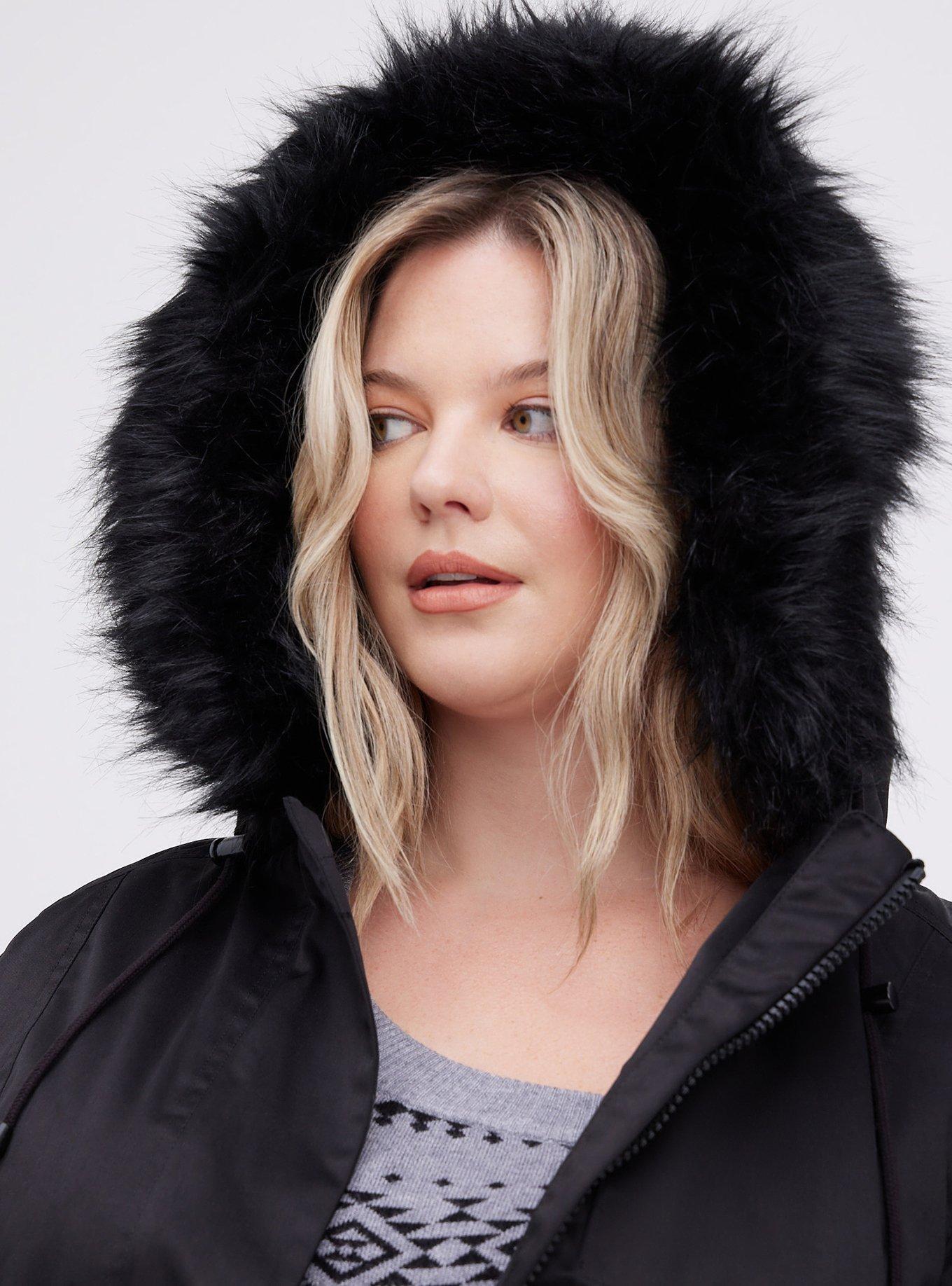 Plus Size Twill Fur Trim Parka, DEEP BLACK, alternate