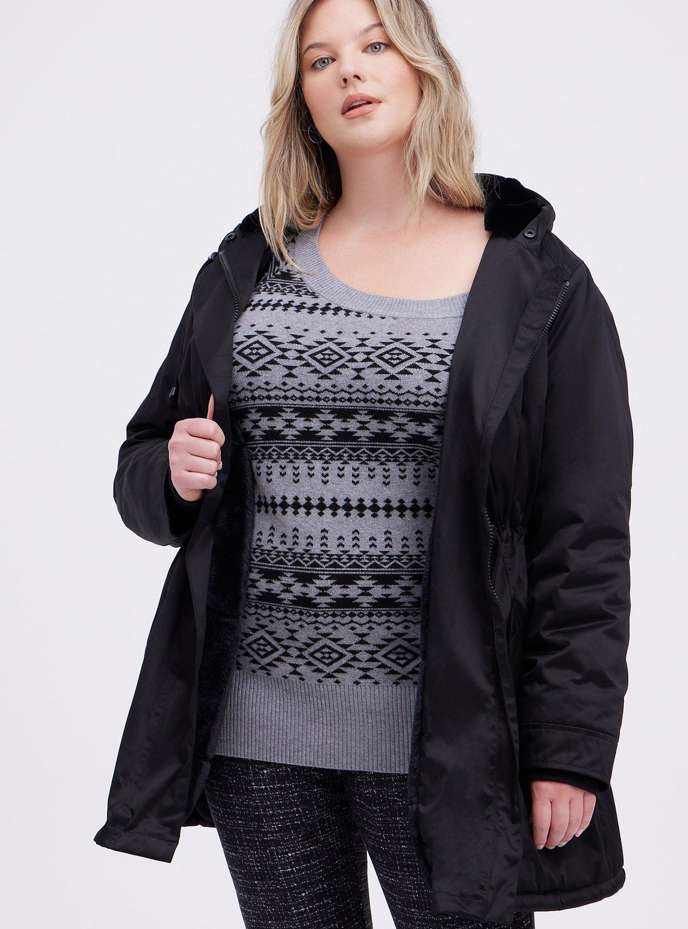 Plus Size Twill Fur Trim Parka, DEEP BLACK, alternate