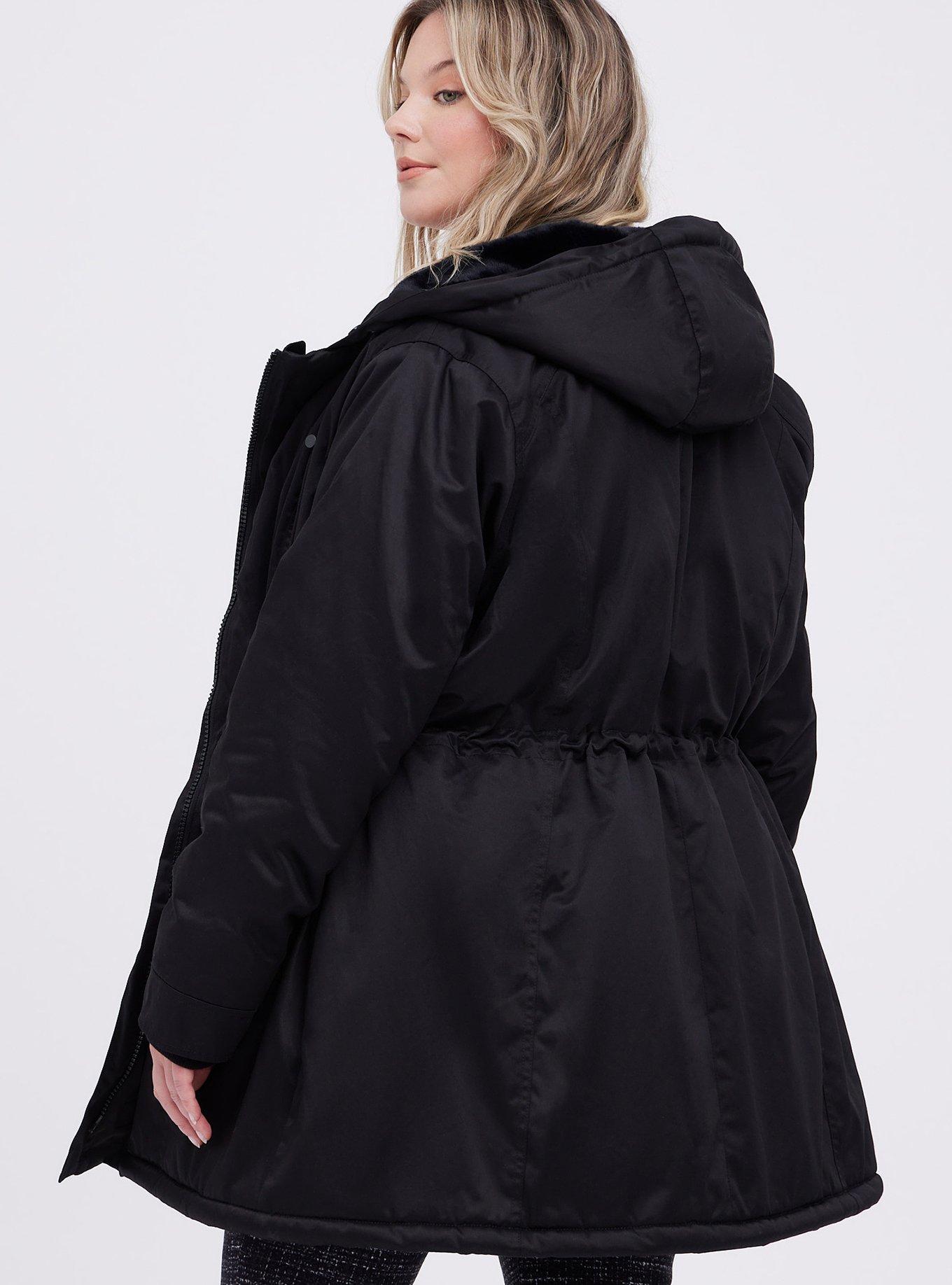 Plus Size Twill Fur Trim Parka, DEEP BLACK, alternate