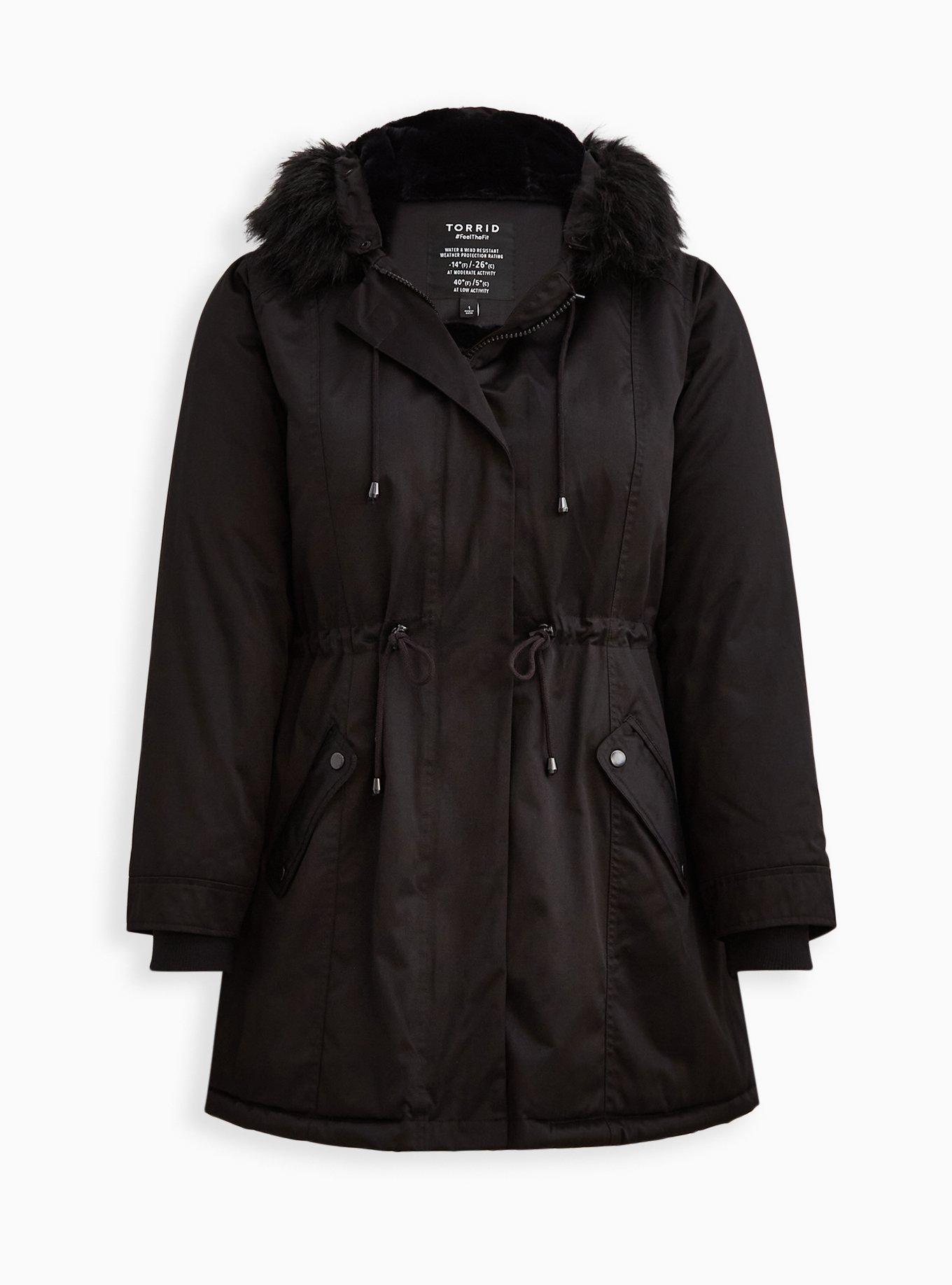 Plus Size Twill Fur Trim Parka, DEEP BLACK, hi-res