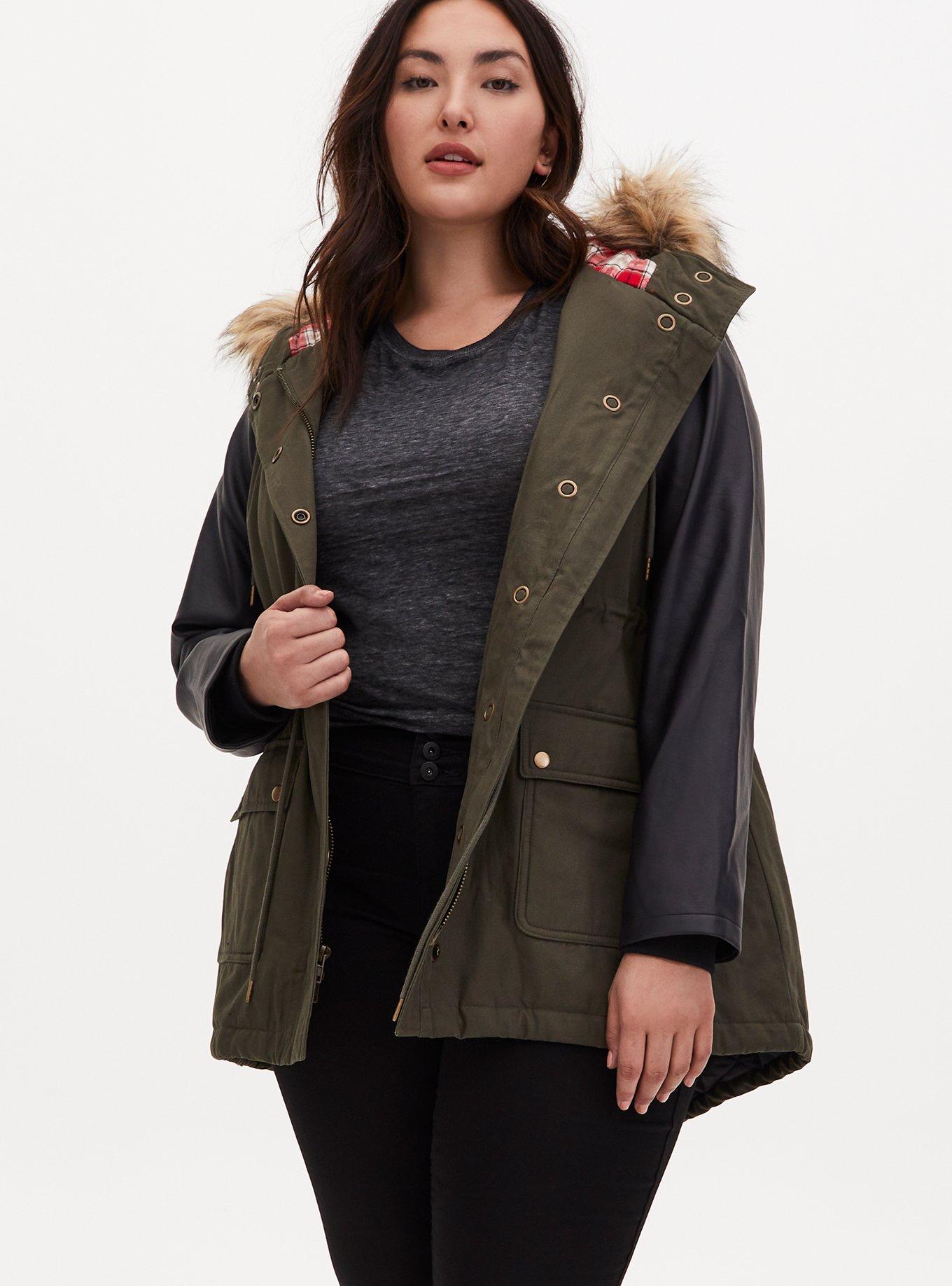 Plus Size Olive Green Twill & Faux Leather Hooded Parka, DEEP DEPTHS, hi-res