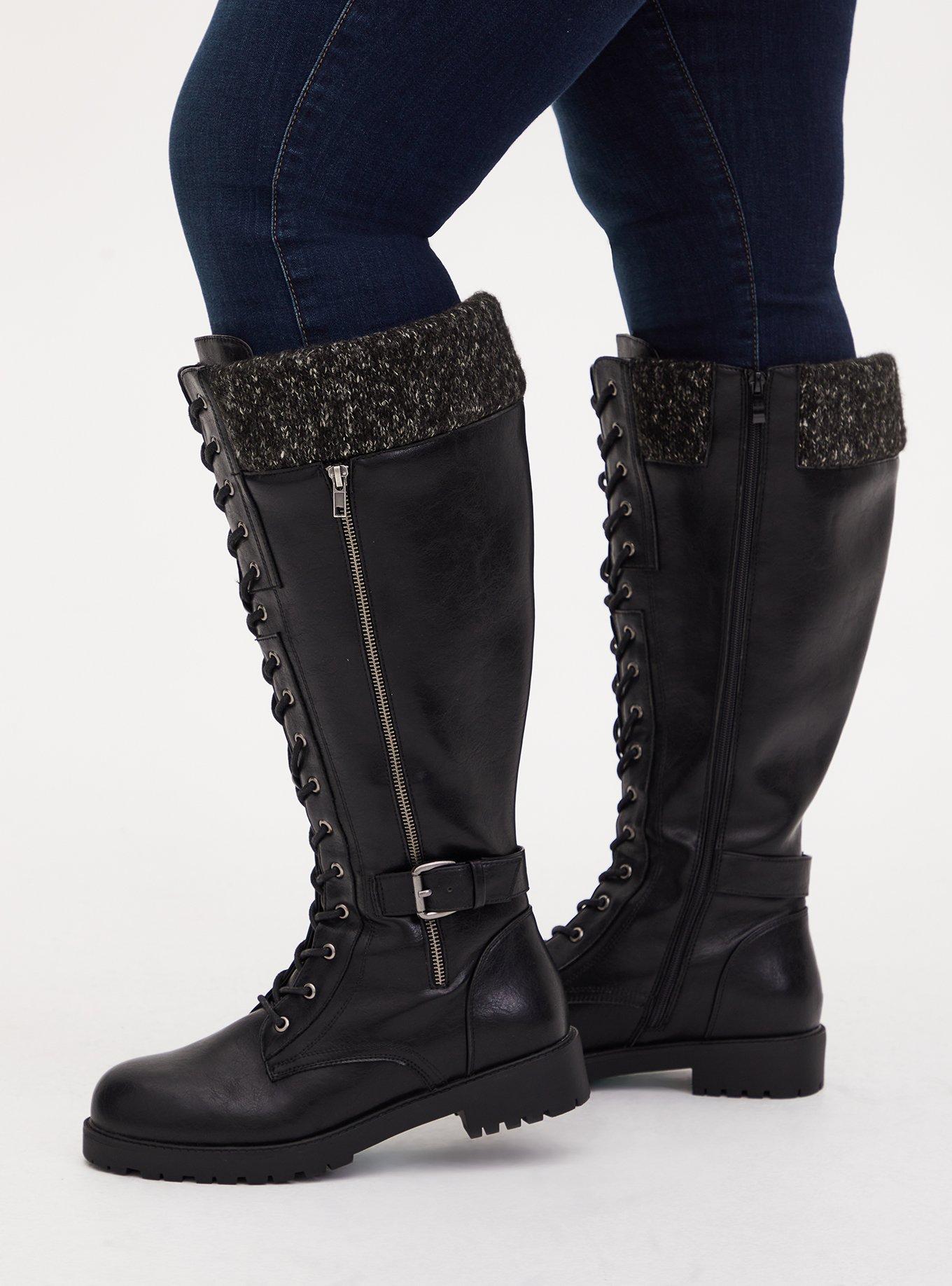 Black Faux Leather Sweater-Trimmed Knee-High Combat Boot (WW), BLACK, hi-res
