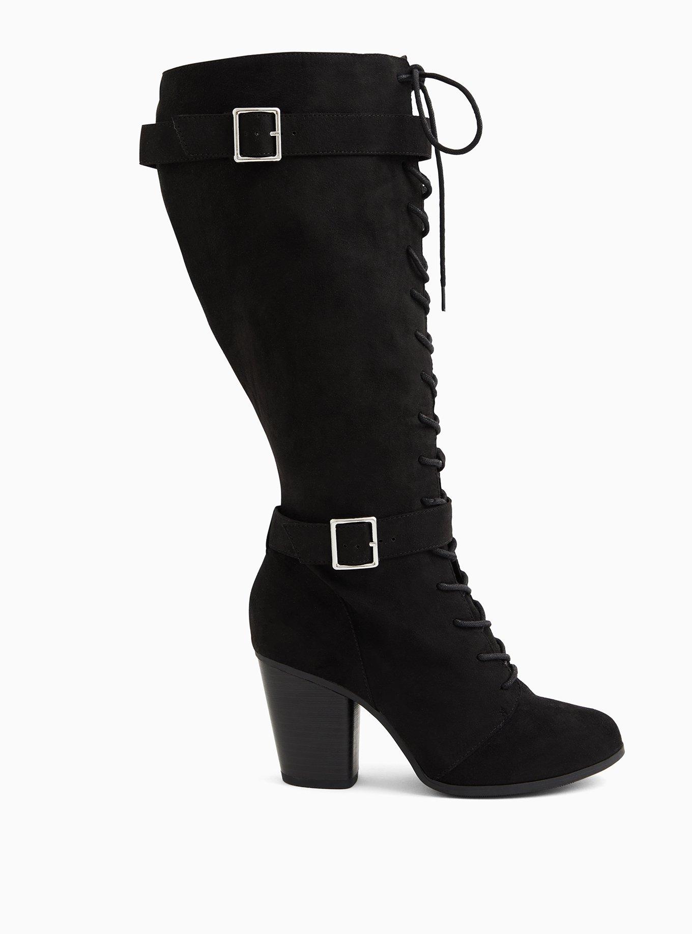 Black Faux Suede Lace-Up Knee-High Boot (WW), BLACK, alternate