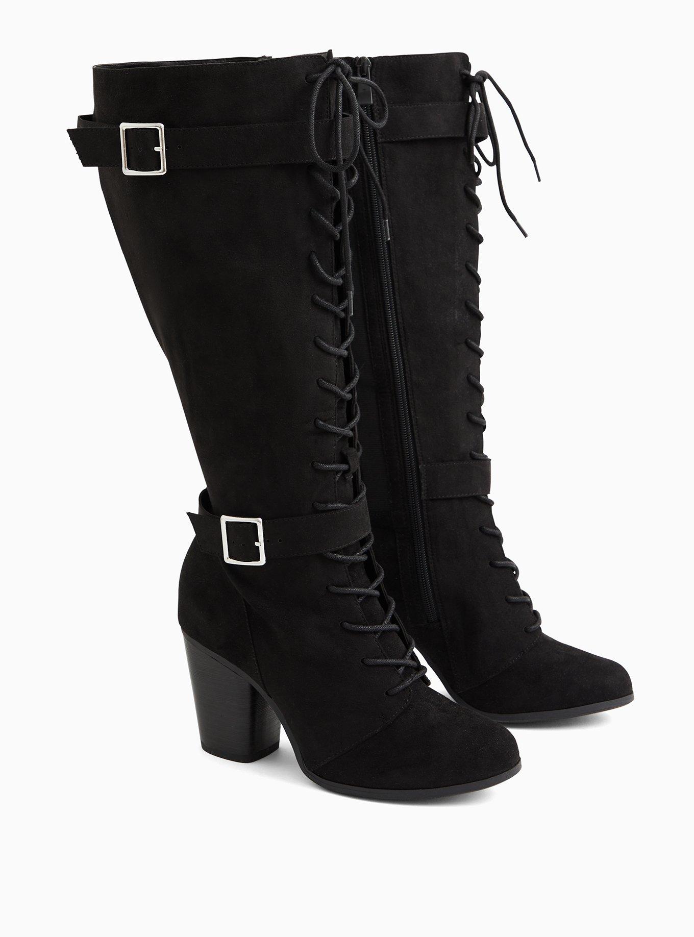 Black Faux Suede Lace-Up Knee-High Boot (WW), BLACK, alternate