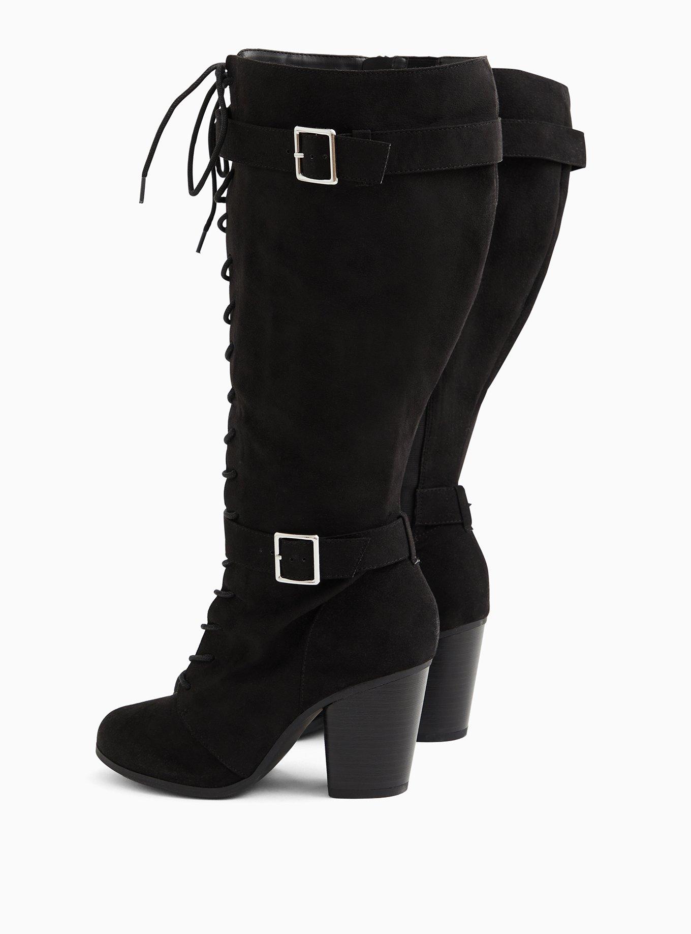 Black Faux Suede Lace-Up Knee-High Boot (WW), BLACK, alternate