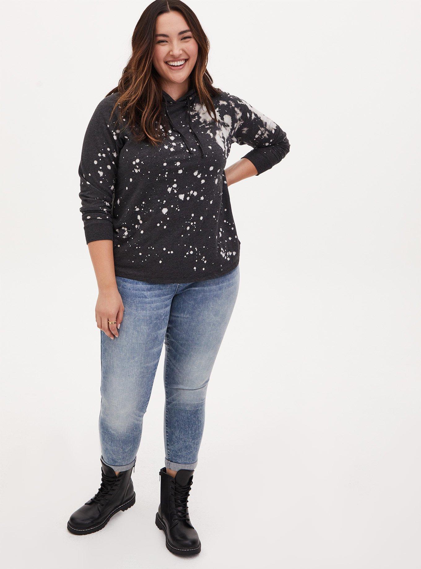 Black Bleach Splatter Terry Pullover Hoodie, DEEP BLACK, alternate