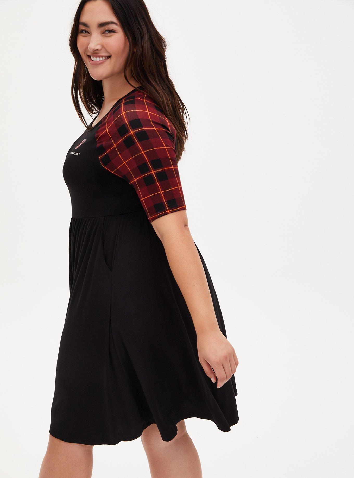Plus Size Harry Potter Gryffindor House Red Plaid Raglan Mini Skater Dress, BLACK, alternate