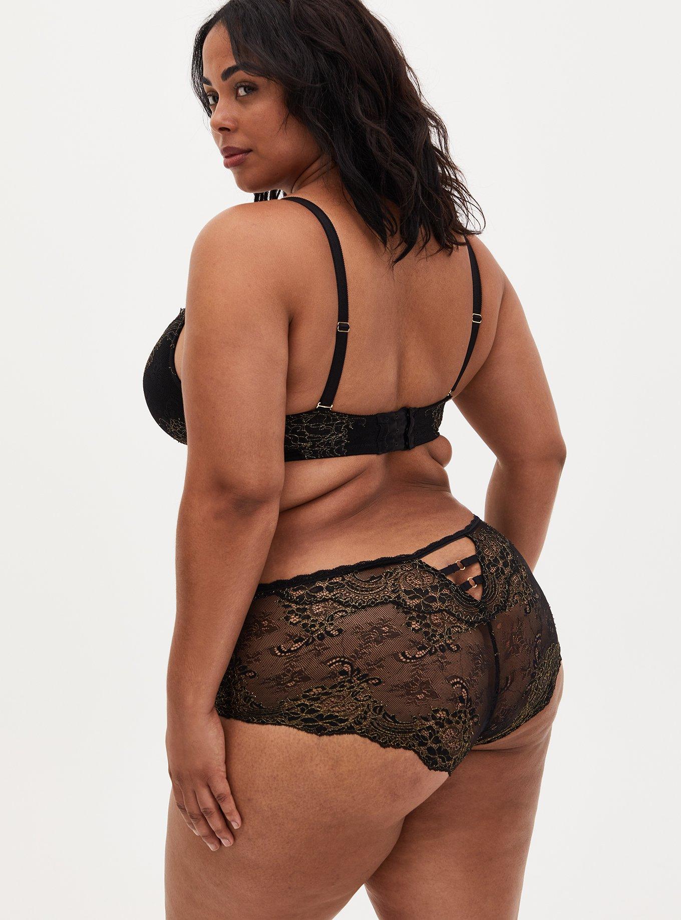 Plus Size Dark Red Lace Lattice Cheeky Panty , RICH BLACK, alternate