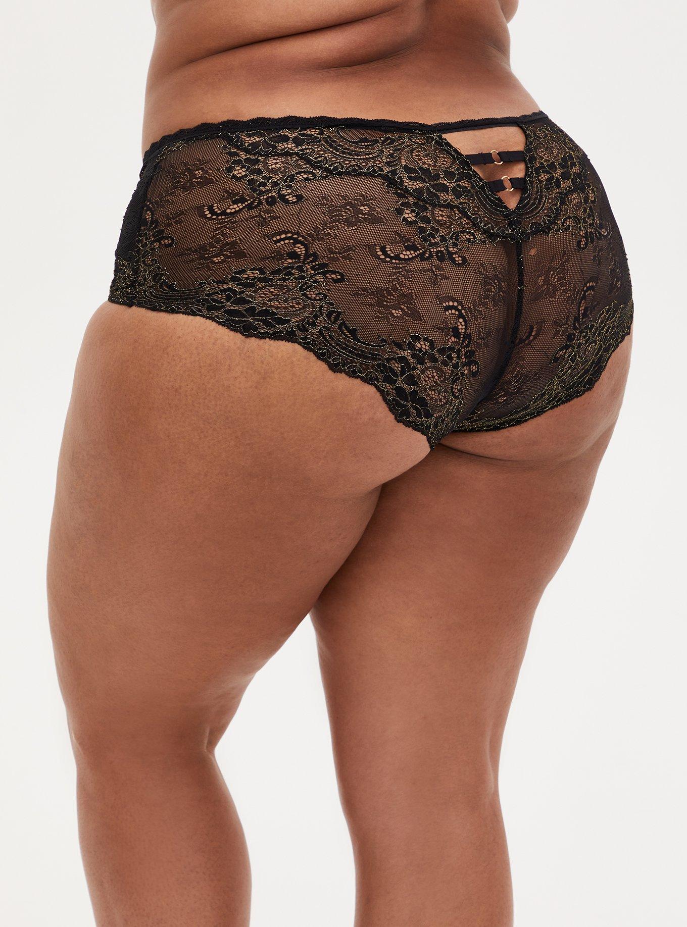 Plus Size Dark Red Lace Lattice Cheeky Panty , RICH BLACK, hi-res