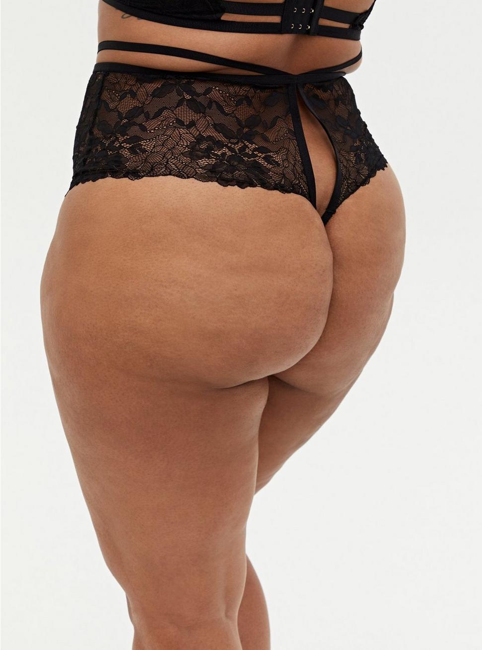 Plus Size - Black Lace Strappy Open Back High Waist Thong Panty