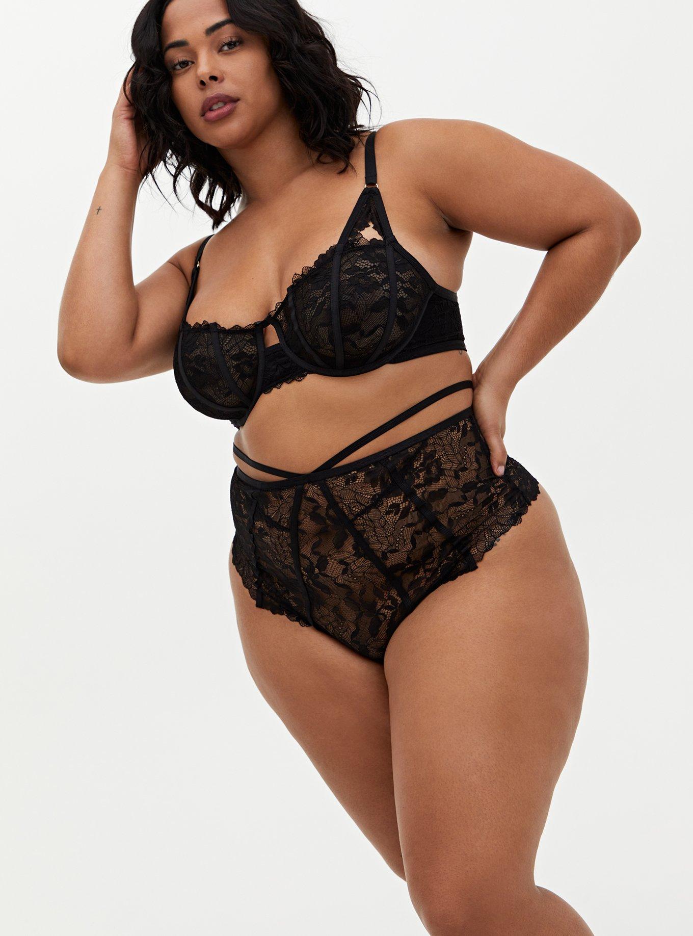 Plus Size - Black Lace Strappy Open Back High Waist Thong Panty