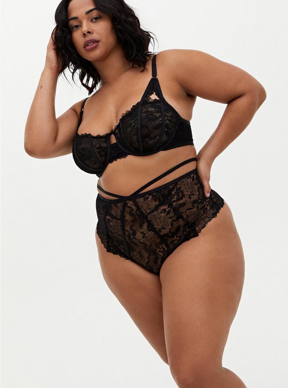 Plus Size - Black Lace Strappy Open Back High Waist Thong Panty - Torrid