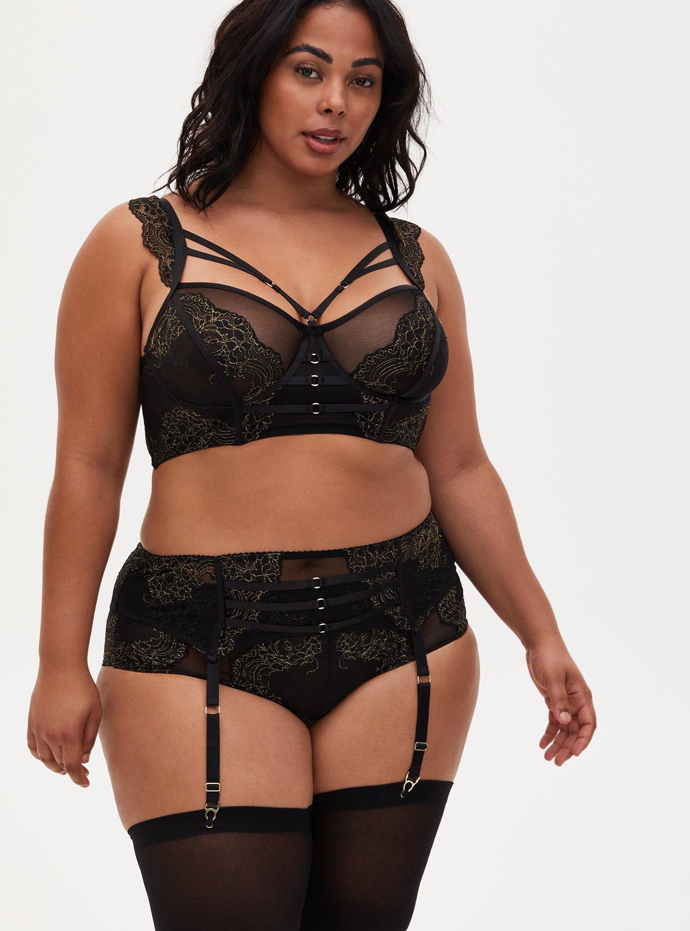 Plus Size Strappy Lurex Lace Underwire Bra, RICH BLACK, alternate