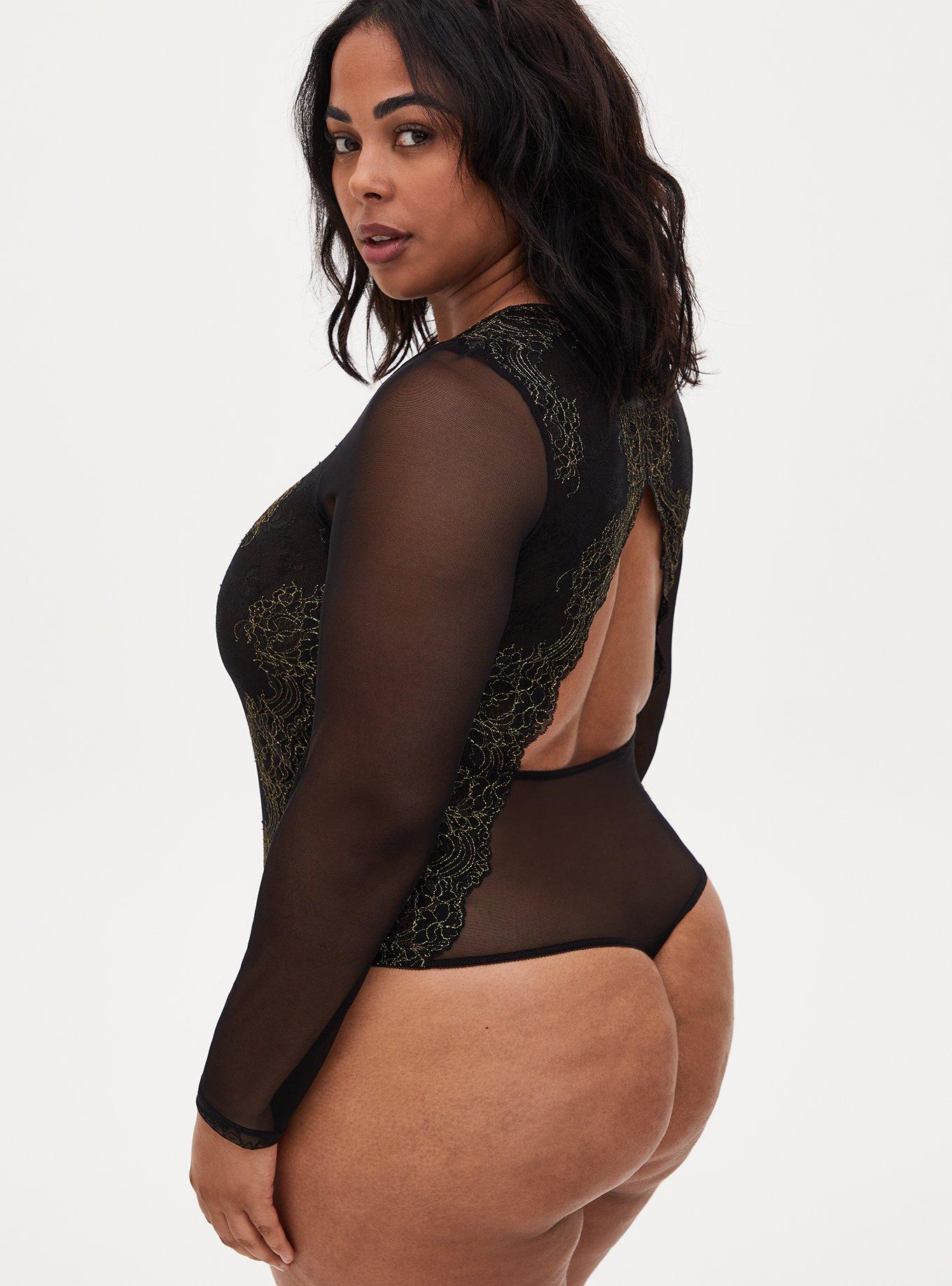Plus Size Black Mesh & Lace Thong Bodysuit, RICH BLACK, alternate
