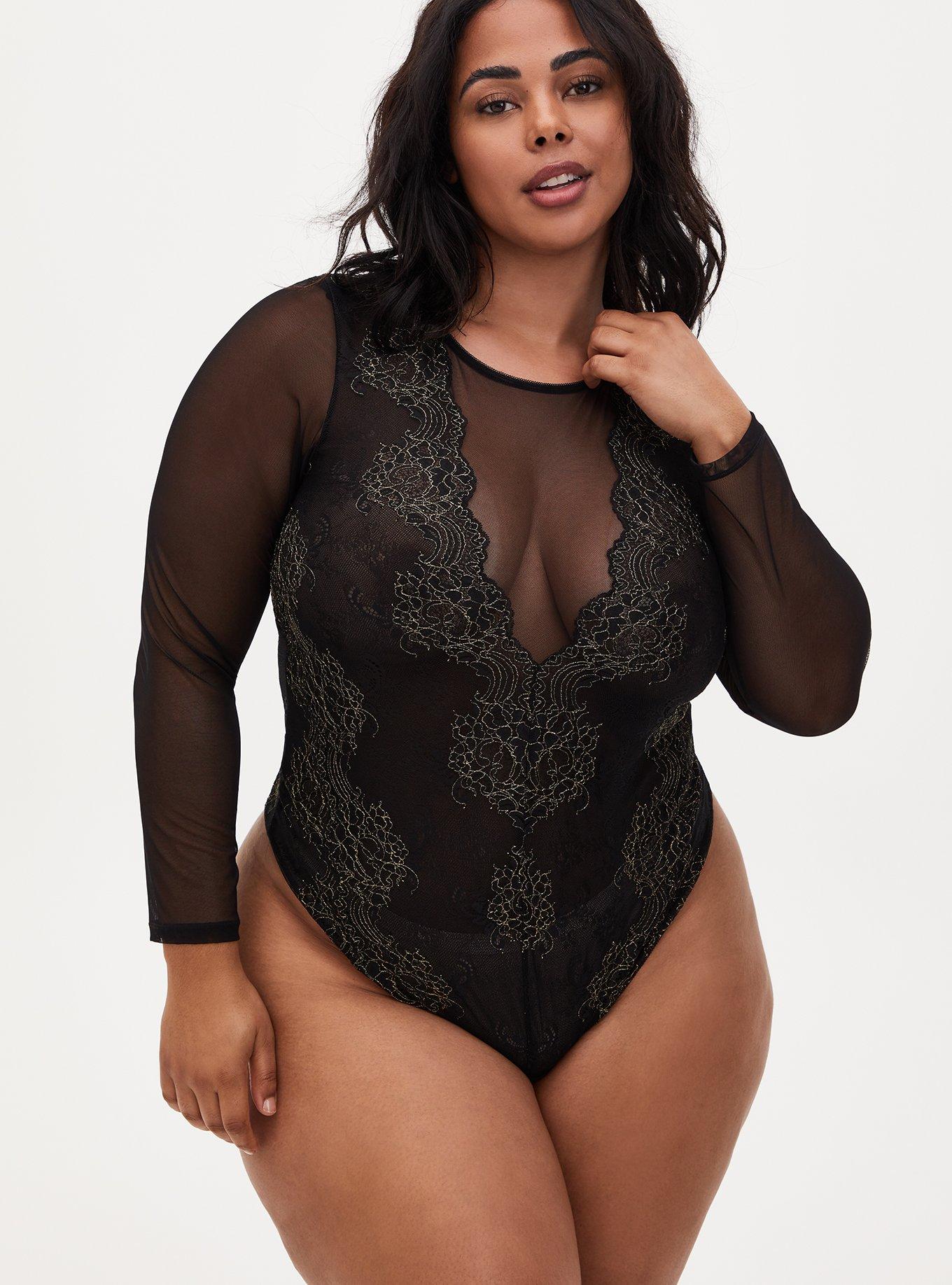 Spanx Plus Size Sheer Fashion Mesh Thong Bodysuit in Black