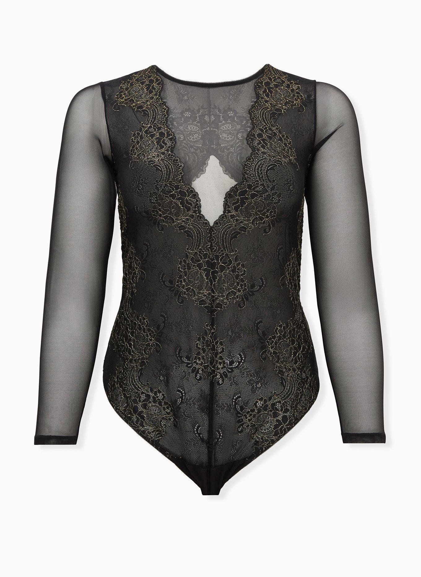 Plus Size Black Mesh & Lace Thong Bodysuit, , hi-res