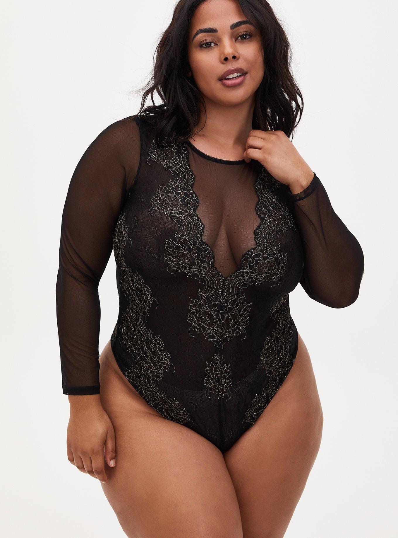 Plus Size Black Mesh & Lace Thong Bodysuit, , hi-res