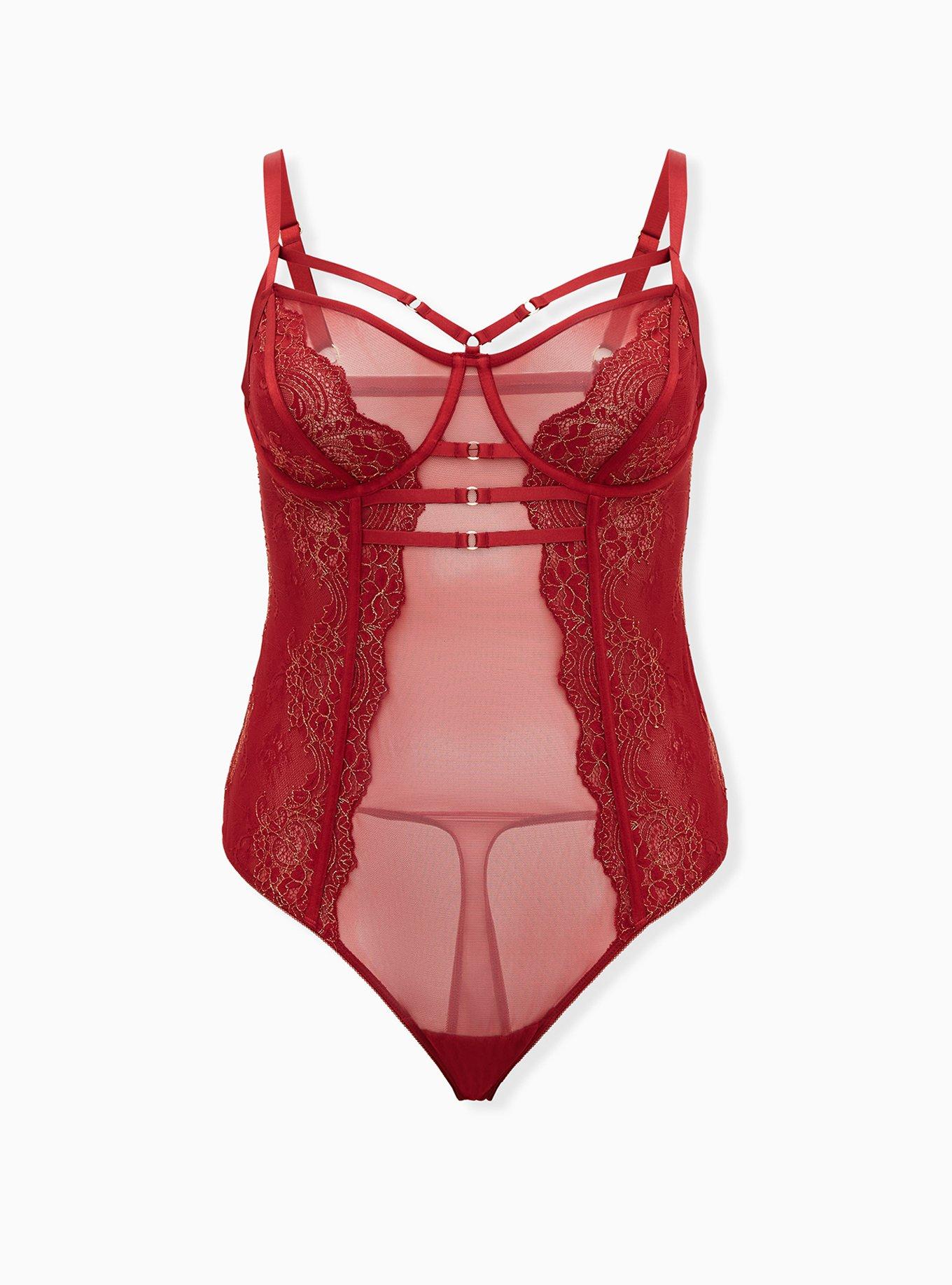 Plus Size - Red Mesh & Lace Harness Thong Bodysuit - Torrid
