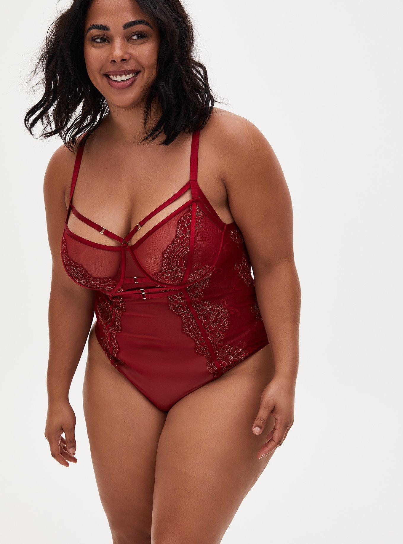 Plus Size - Red Mesh & Lace Harness Thong Bodysuit - Torrid