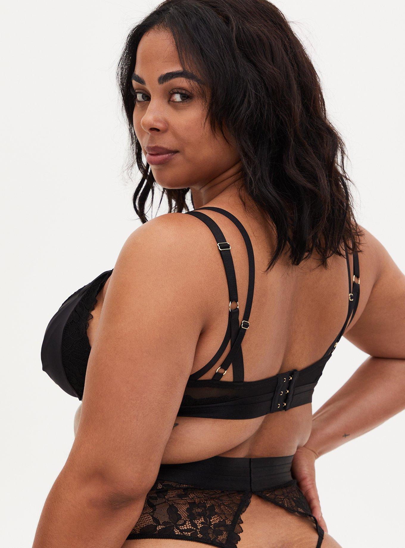 Black Satin & Lace Strappy Underwire Longline Bralette, RICH BLACK, alternate