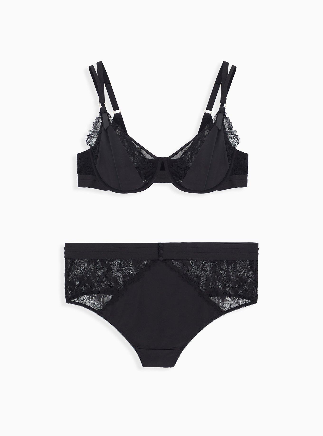 Black Satin & Lace Strappy Underwire Longline Bralette, RICH BLACK, alternate