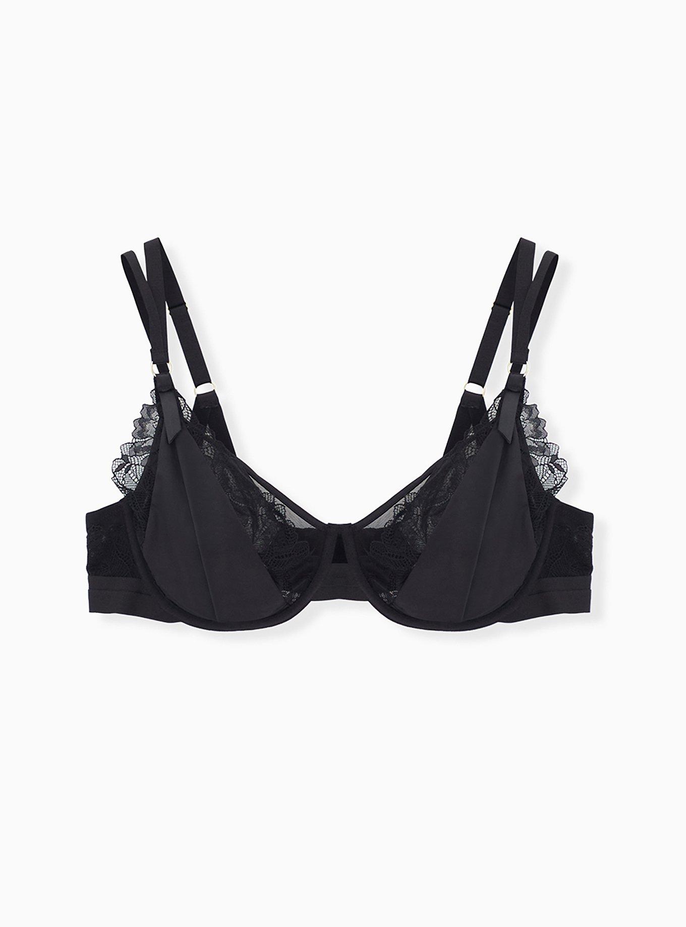Black Satin & Lace Strappy Underwire Longline Bralette, RICH BLACK, hi-res