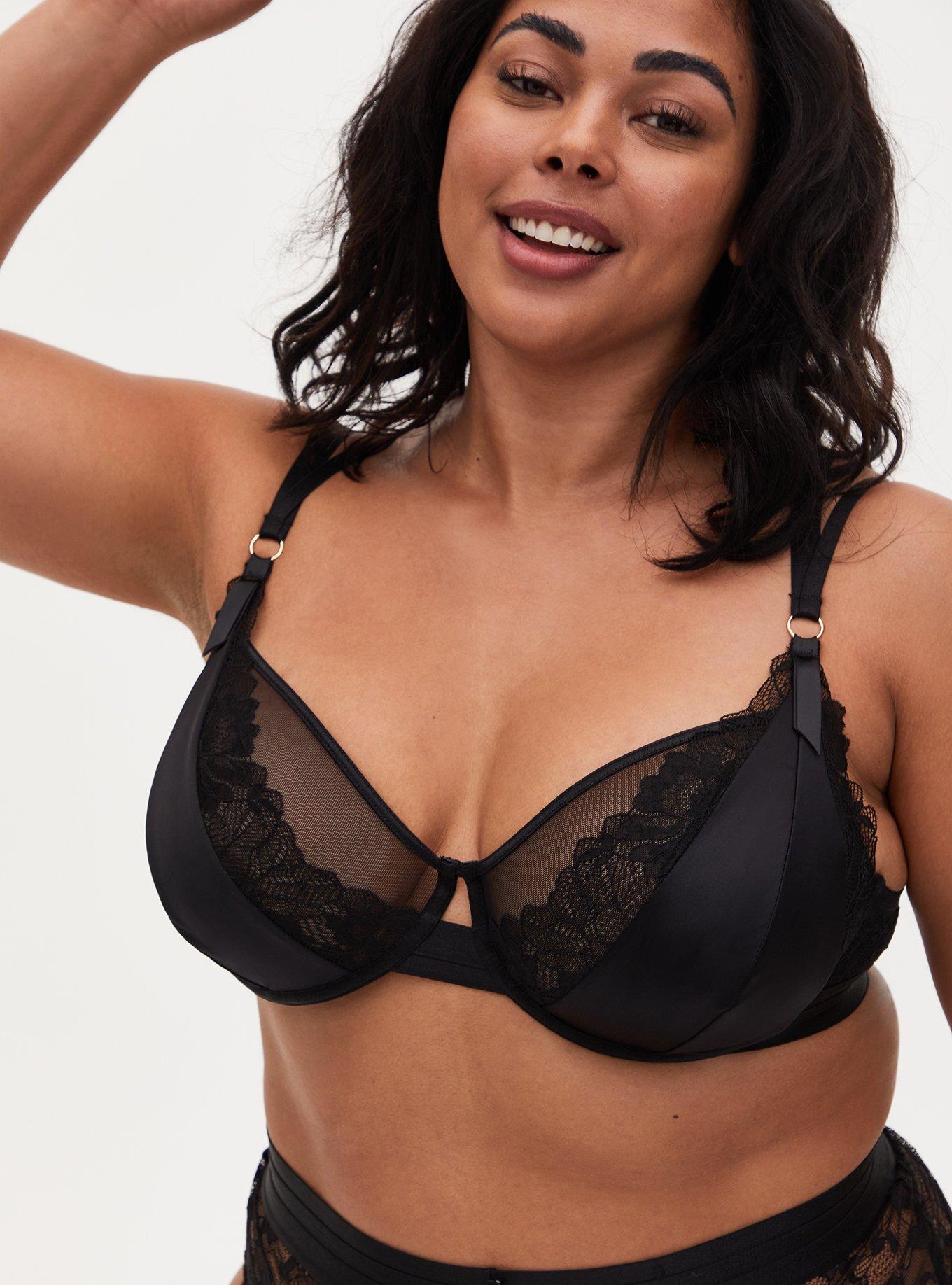 Plus Size - Straps And Rings Satin Underwire Bra With Mesh Cup