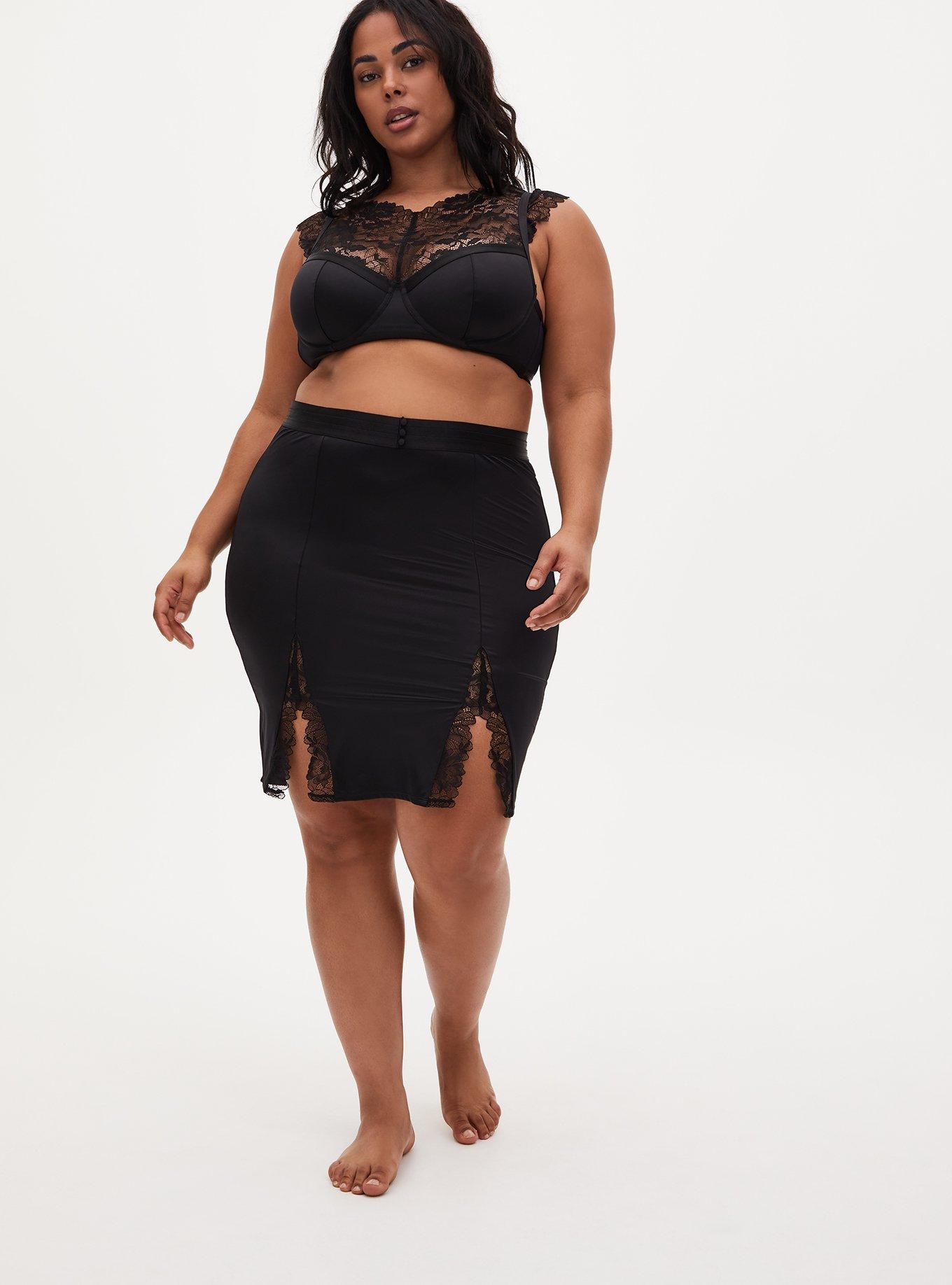 Plus Size Black Satin & Lace Bodycon Slip Skirt, RICH BLACK, alternate