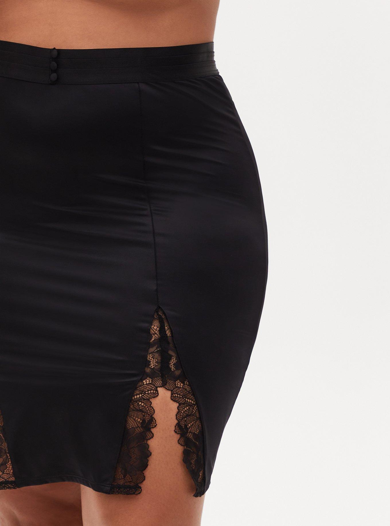 Plus Size Black Satin & Lace Bodycon Slip Skirt, RICH BLACK, alternate