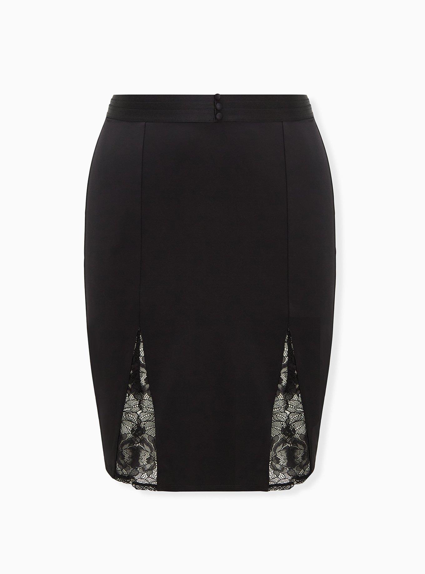 Plus Size Black Satin & Lace Bodycon Slip Skirt, RICH BLACK, hi-res