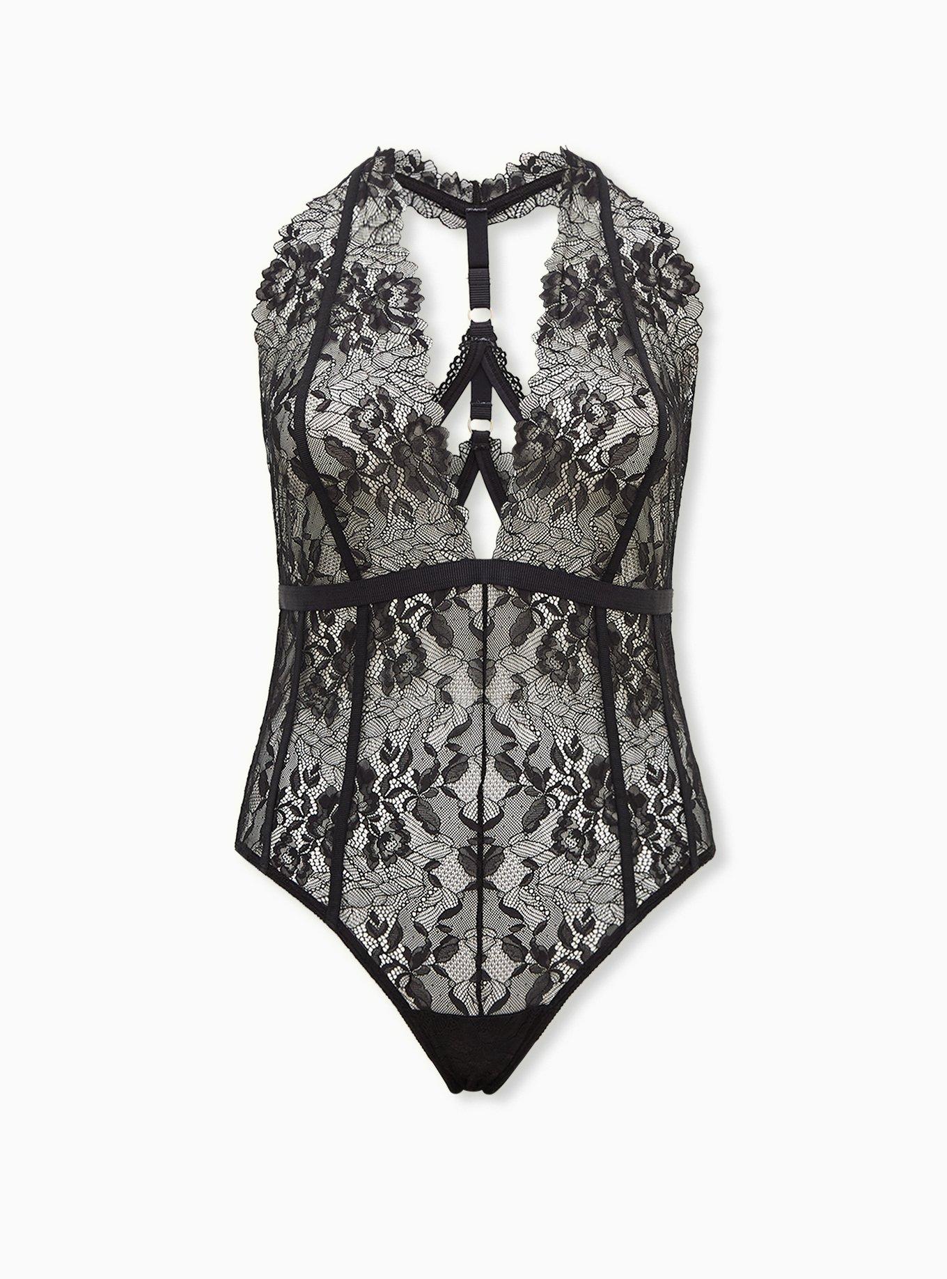 Plus Size Black Chantilly Lace Strappy Halter Bodysuit, , hi-res