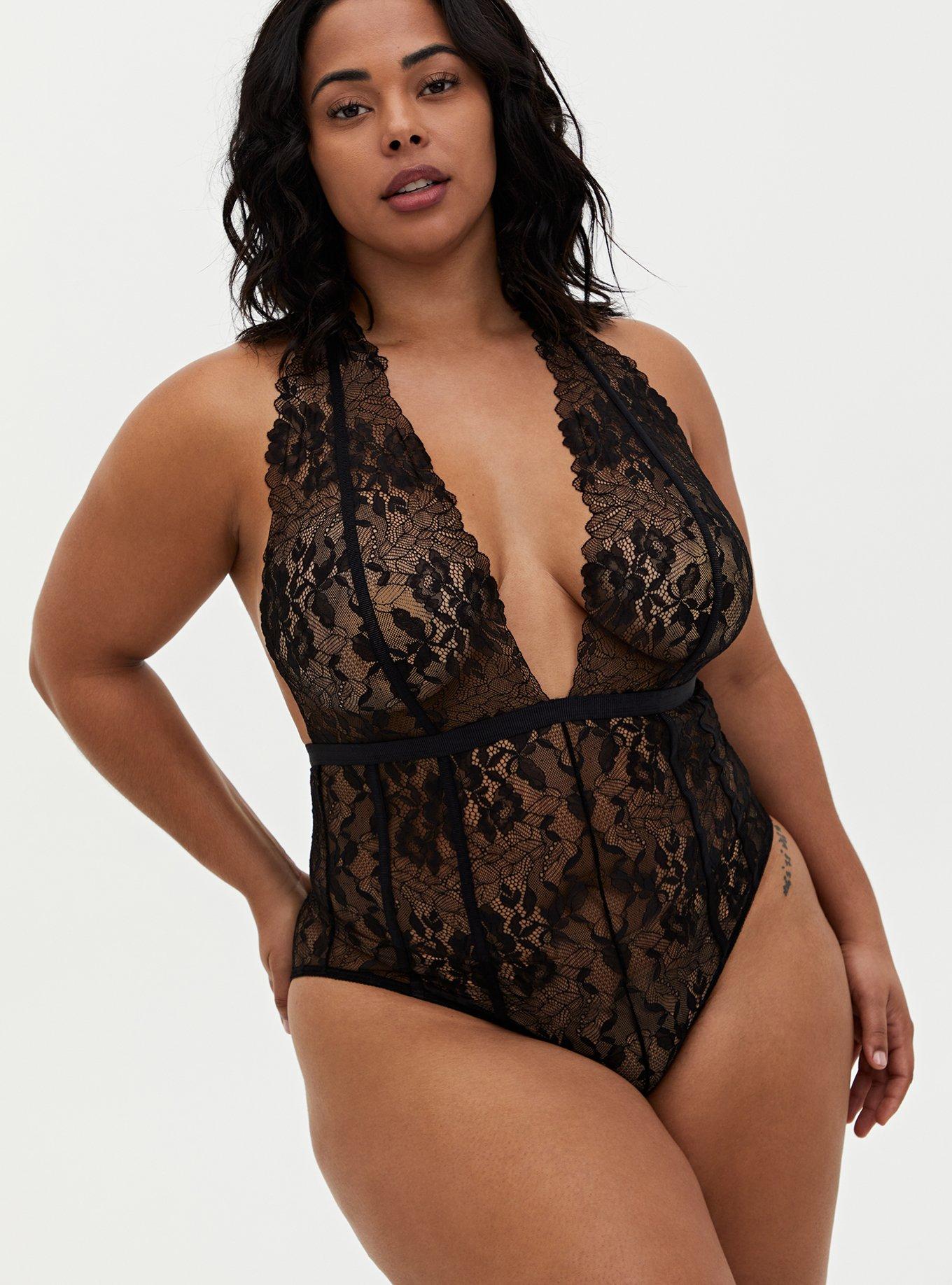 Plus Size Black Chantilly Lace Strappy Halter Bodysuit, , hi-res