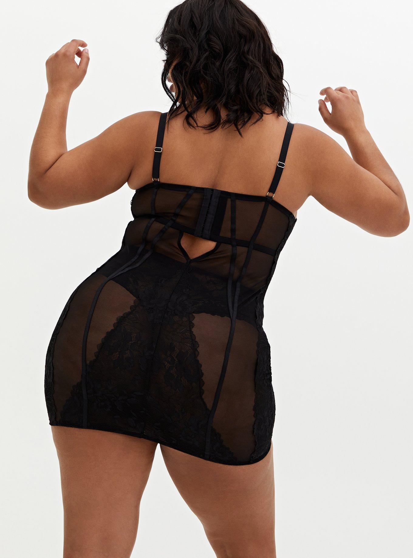 Black Strappy Chantilly Lace Underwire Chemise, RICH BLACK, alternate