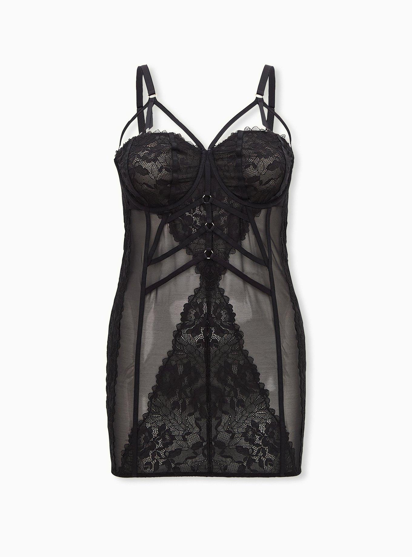 Black Strappy Chantilly Lace Underwire Chemise, RICH BLACK, hi-res