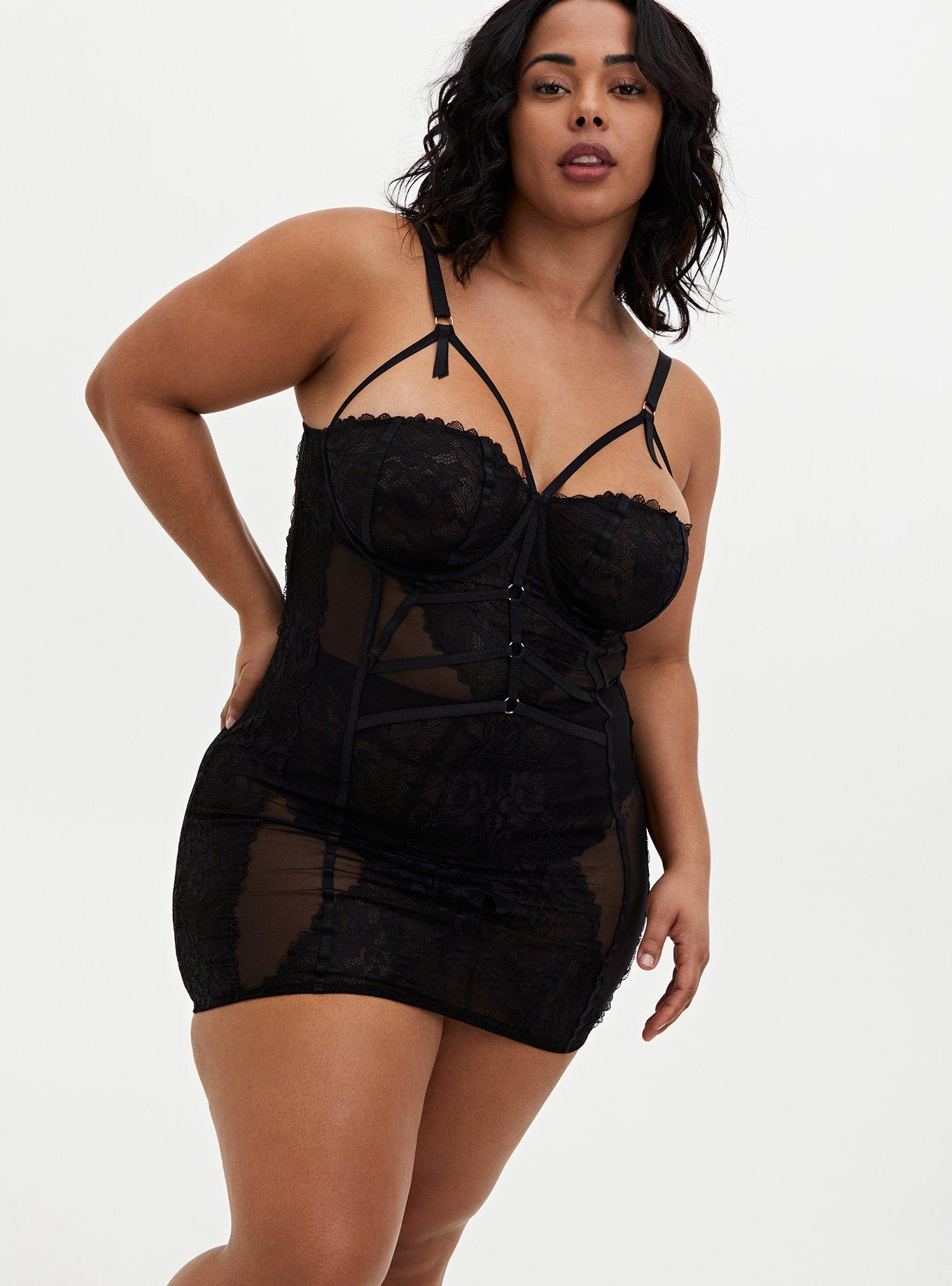 Black Strappy Chantilly Lace Underwire Chemise, RICH BLACK, hi-res