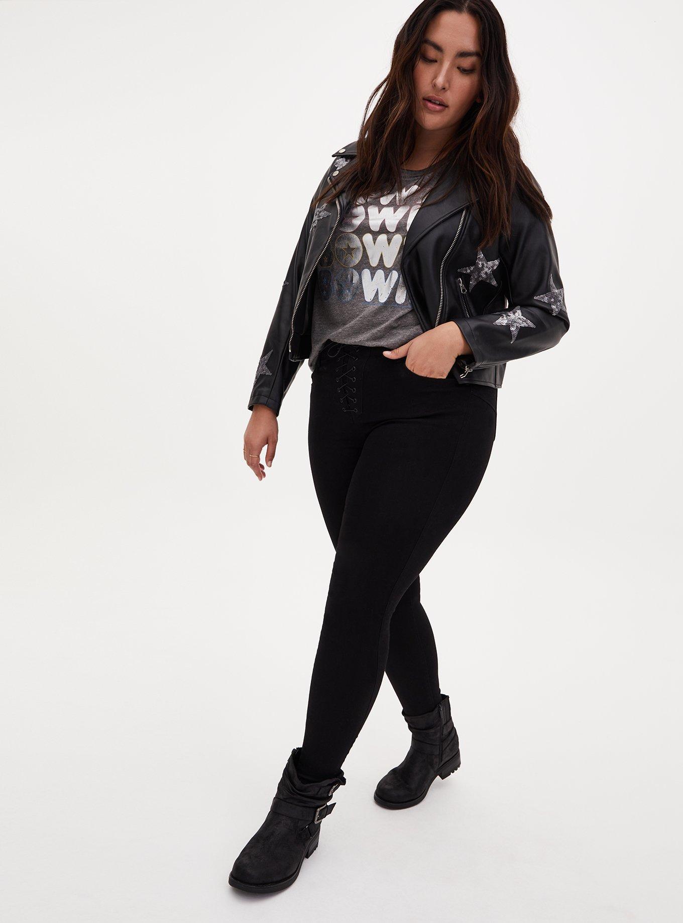 Black Sequin Stars Faux Leather Moto Jacket, DEEP BLACK, alternate