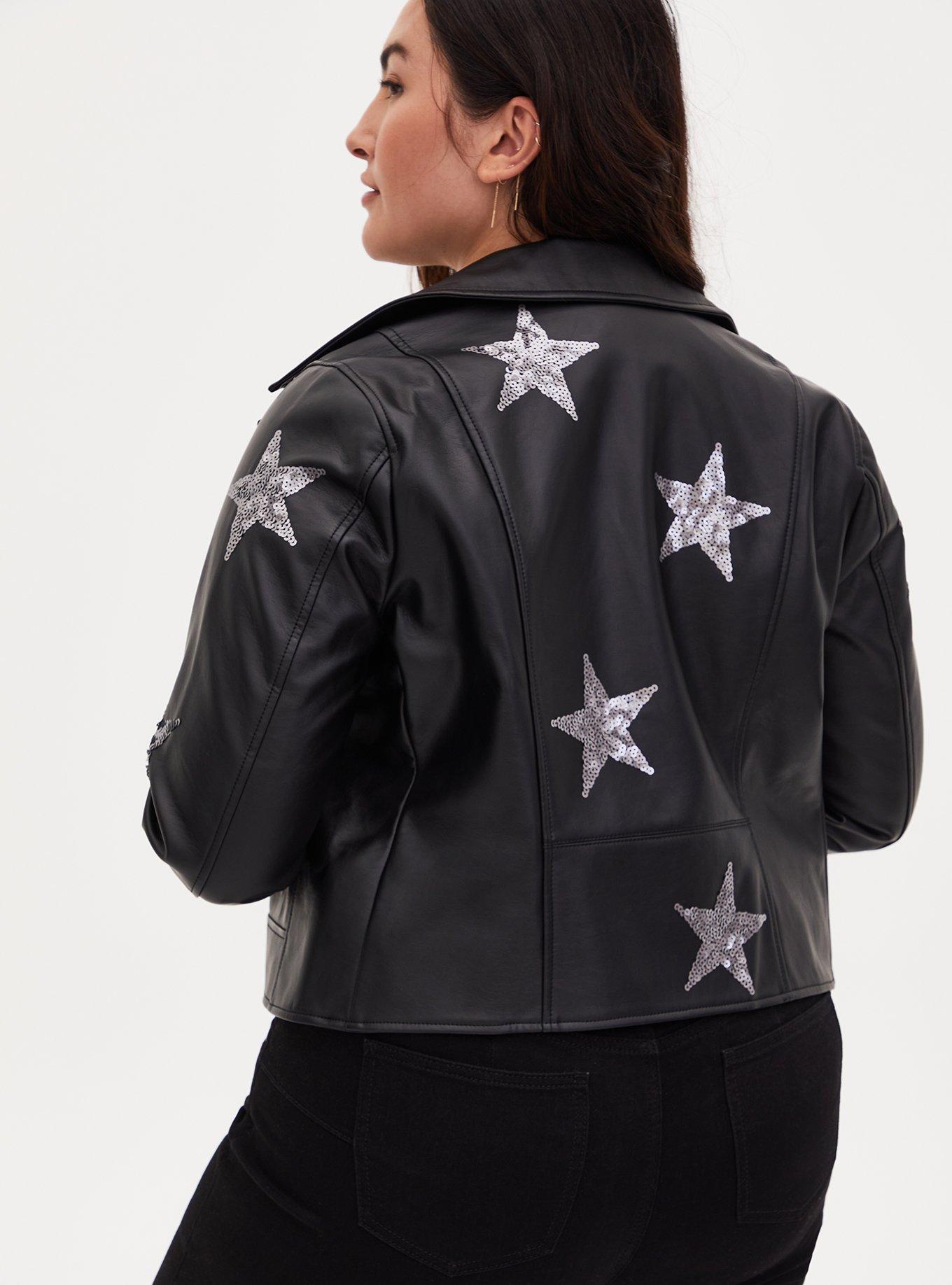 Black Sequin Stars Faux Leather Moto Jacket, DEEP BLACK, alternate