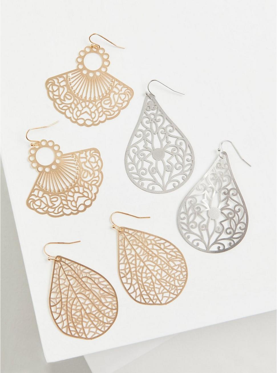 Plus Size - Gold-Tone Filigree Fan Earrings Set - Set of 3 - Torrid