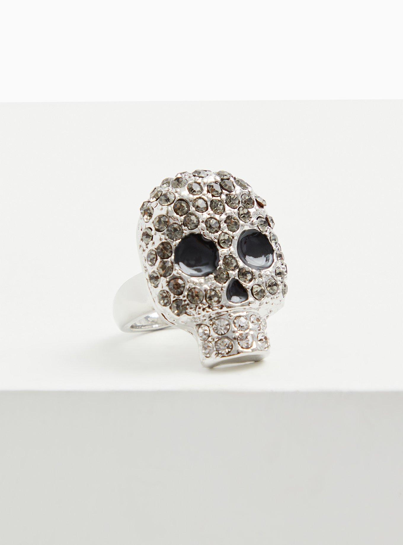 Silver-Tone Rhinestone Pave Oversized Skull Ring, , alternate