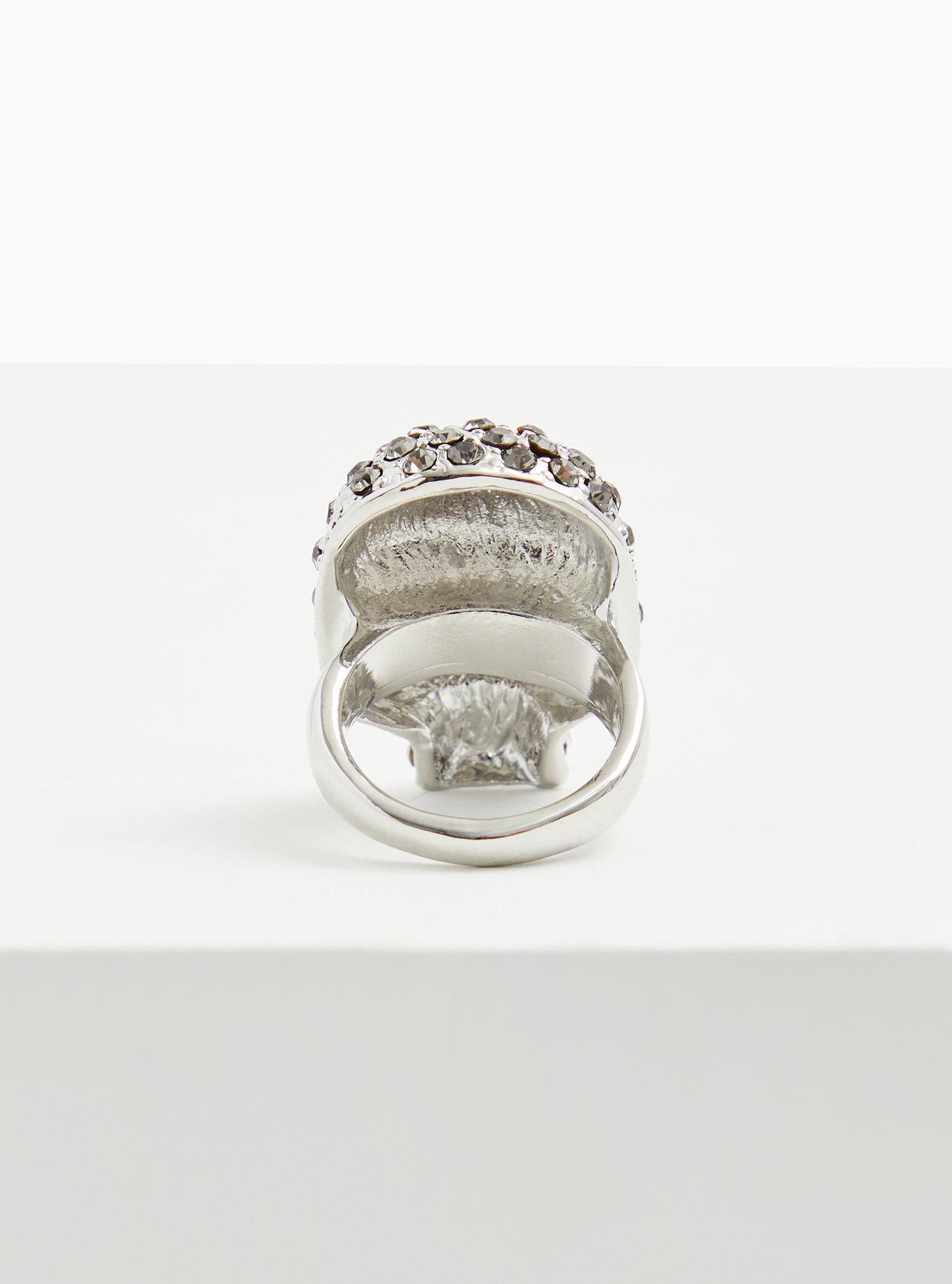 Silver-Tone Rhinestone Pave Oversized Skull Ring, , alternate