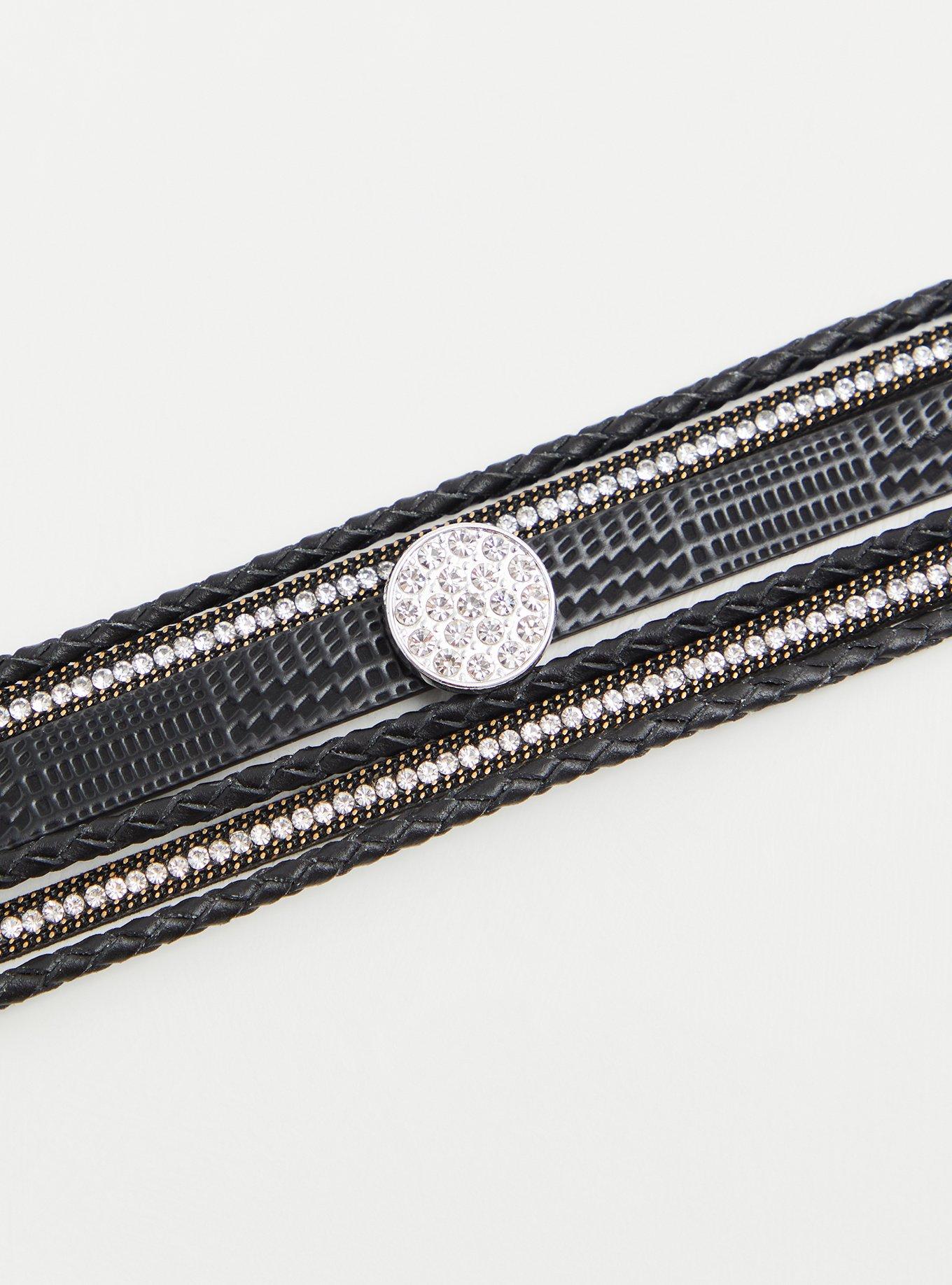 Plus Size Black Faux Leather & Rhinestone Magnetic Bracelet, BLACK, alternate