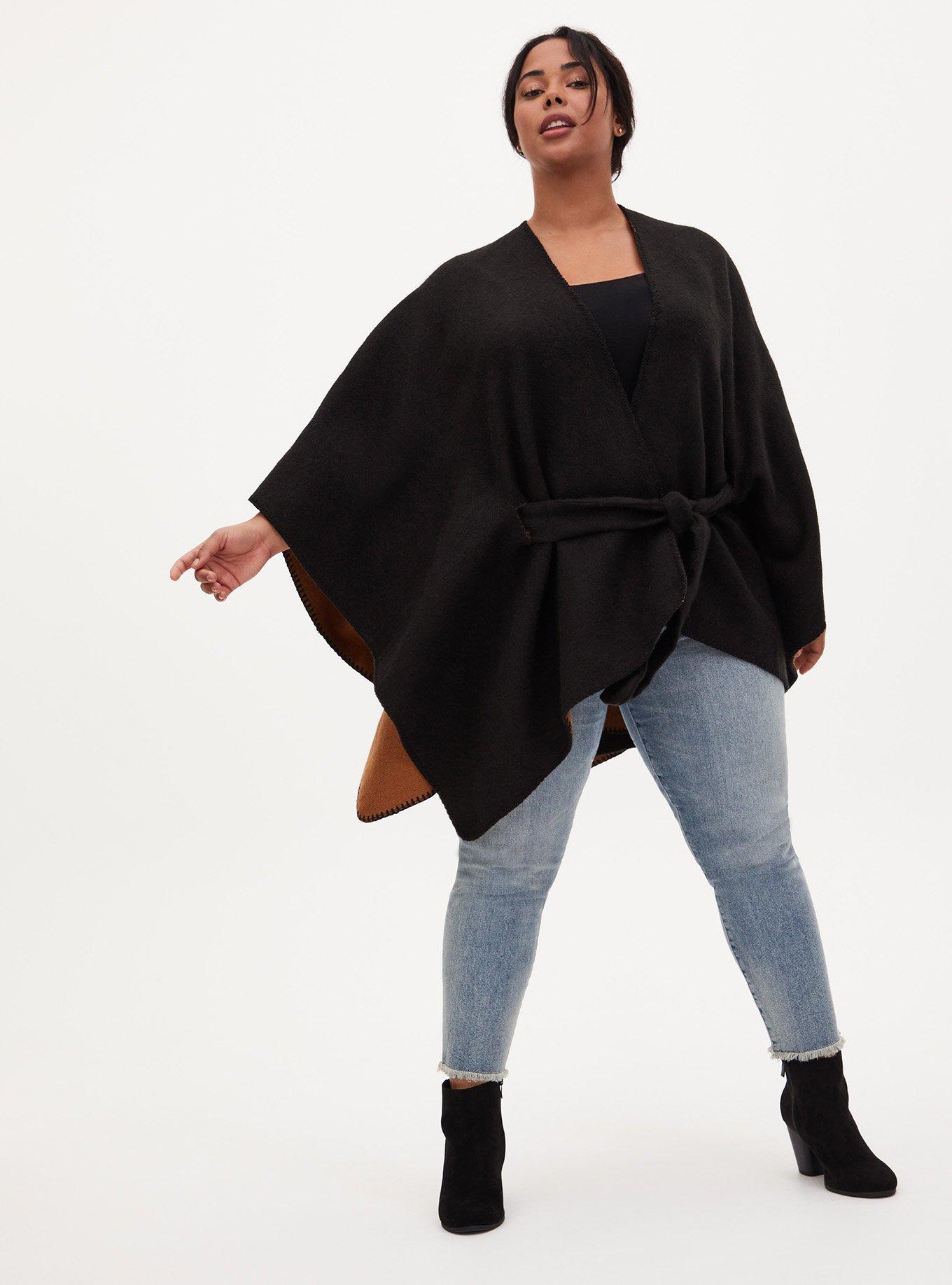 Black & Cognac Reversible Belted Ruana, , alternate
