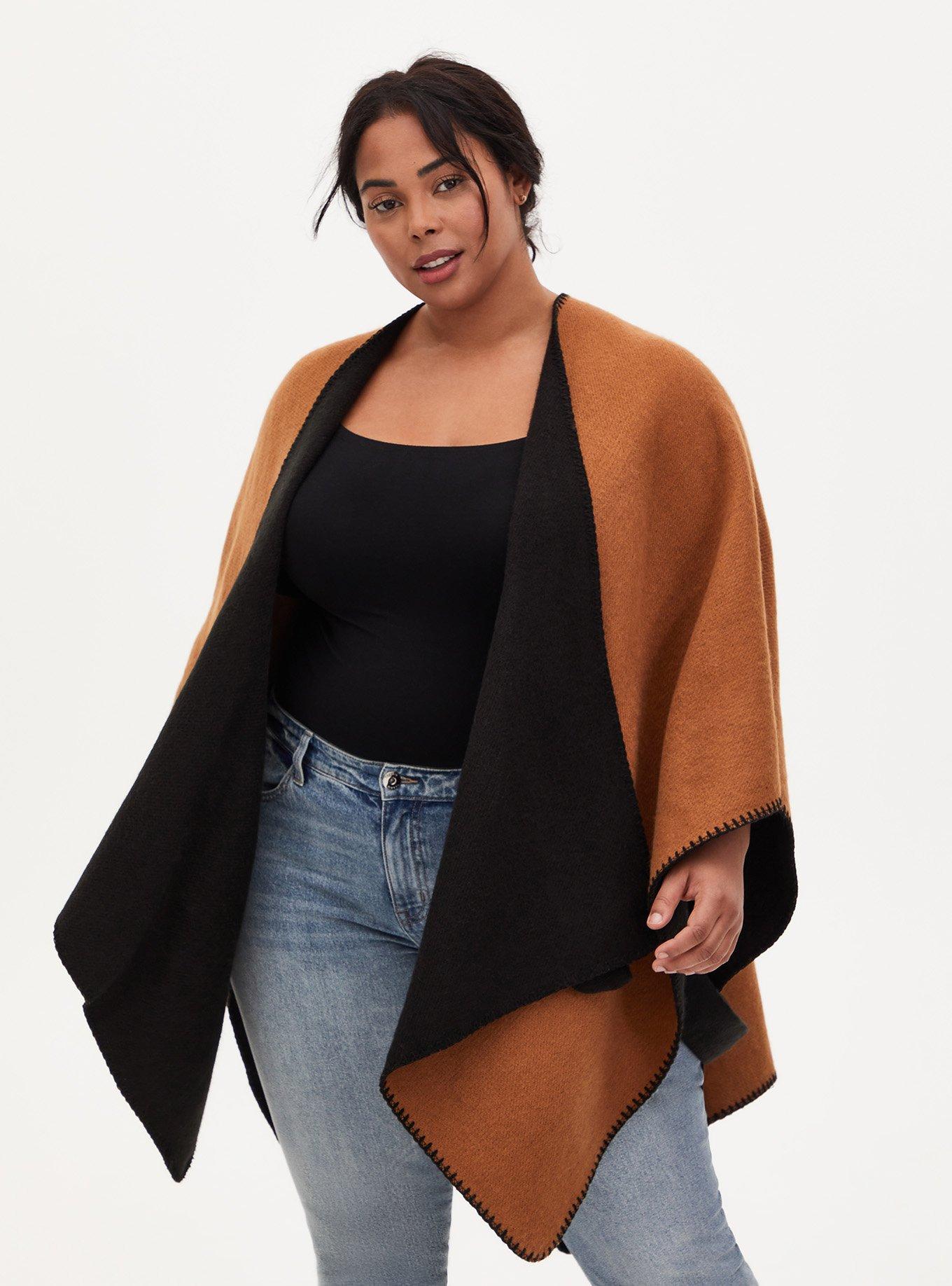 Black & Cognac Reversible Belted Ruana, , alternate