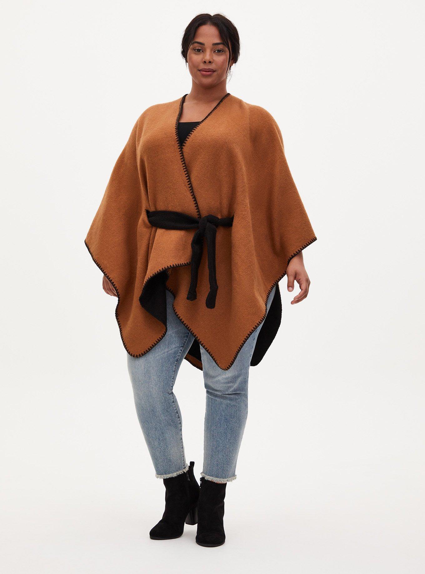 Black & Cognac Reversible Belted Ruana, , alternate